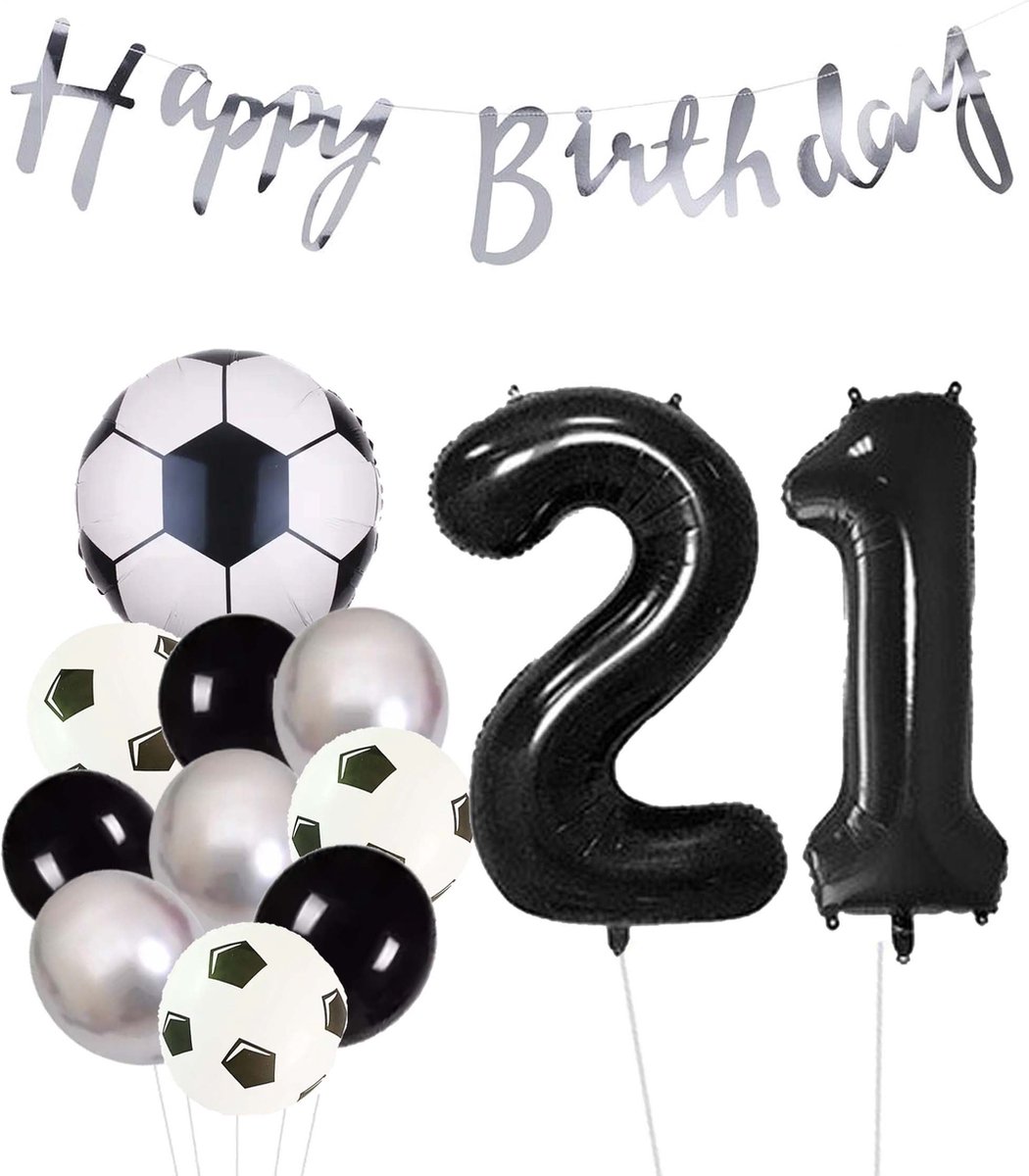 Cijfer Ballon 21 | Snoes Champions Voetbal Plus - Ballonnen Pakket | Zilver en Zwart